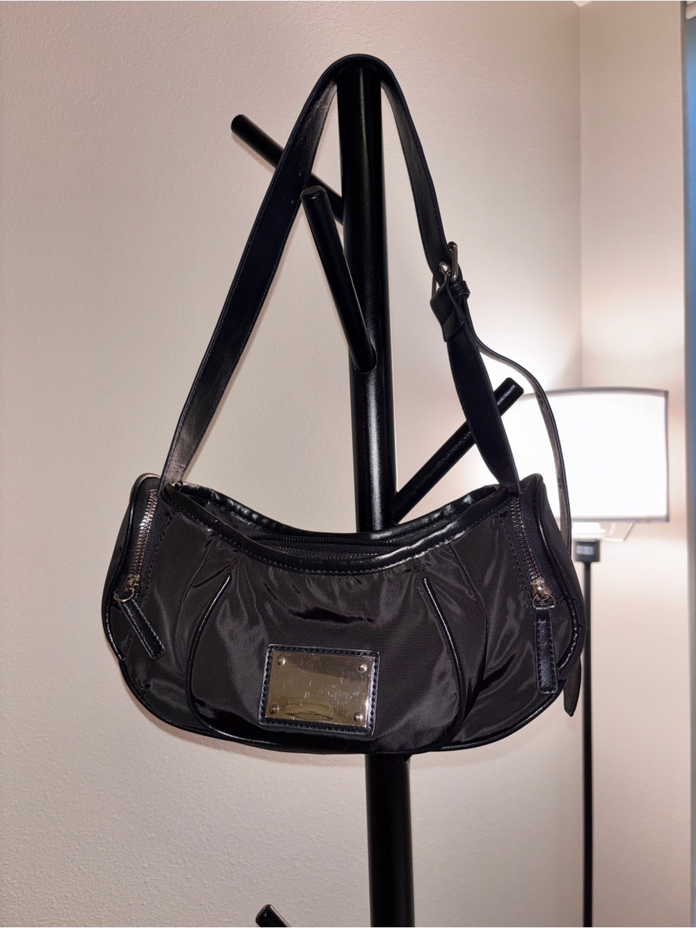 SHEIN Black Nylon Shoulder Bag with Metal Plaque Accent